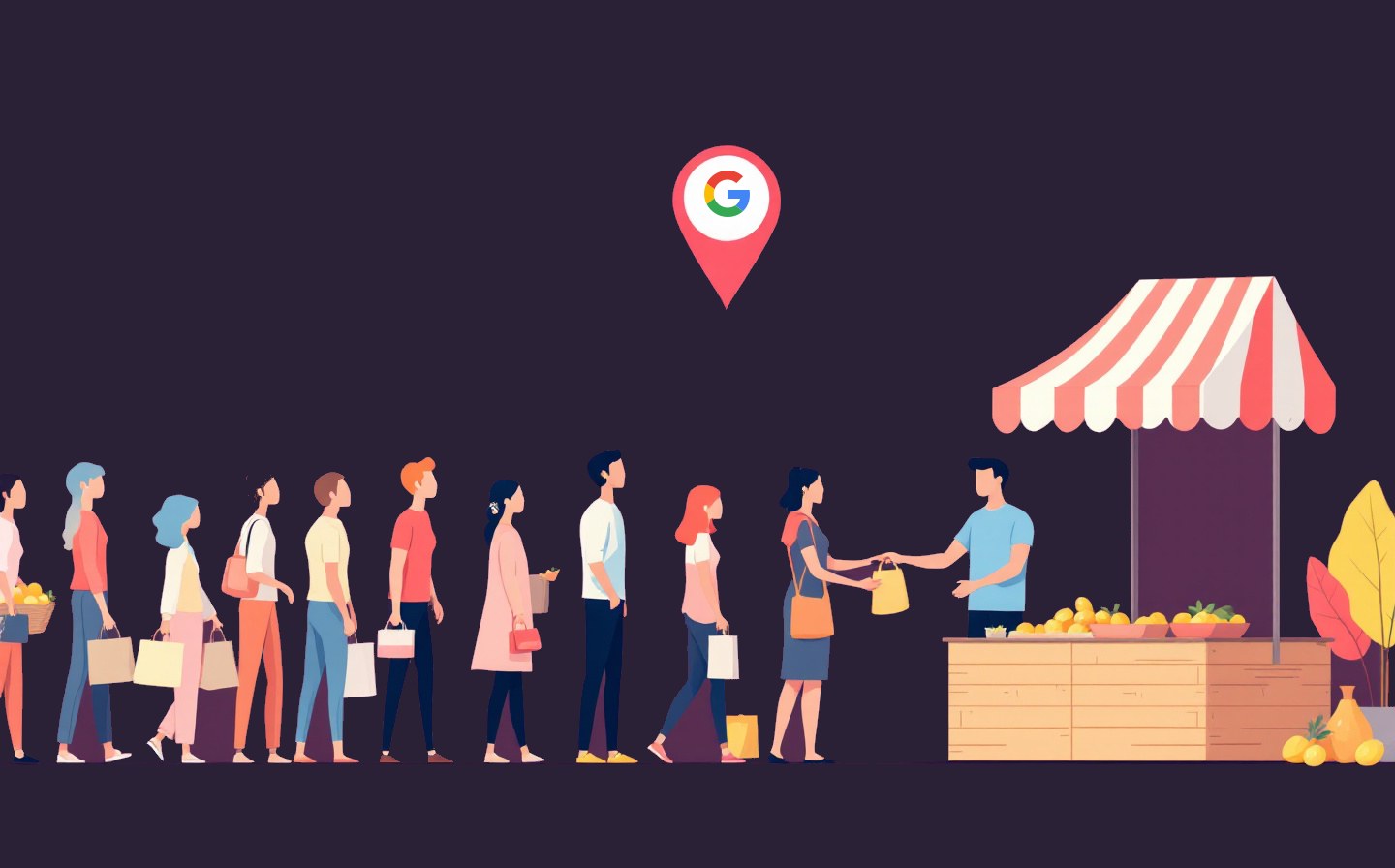 Długa kolejka klientów do straganu z cytrynami, nad którym wisi pinezka Google